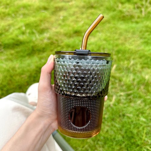 BLUEPOLAR 13 oz Tumbler Water Glass, Water Bottle with Straw and Dustproof Lid, Coffee Ice Cup Double Wall Insulated Glass Cup (Amber-Ribbed)
