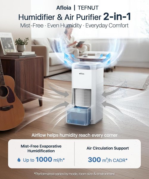 Afloia Humidifier - 2-in-1 Mist-Free Evaporative Humidifier & Air Purifier | 5L Top Fill Tank, Humidity Sensor, 24H Timer