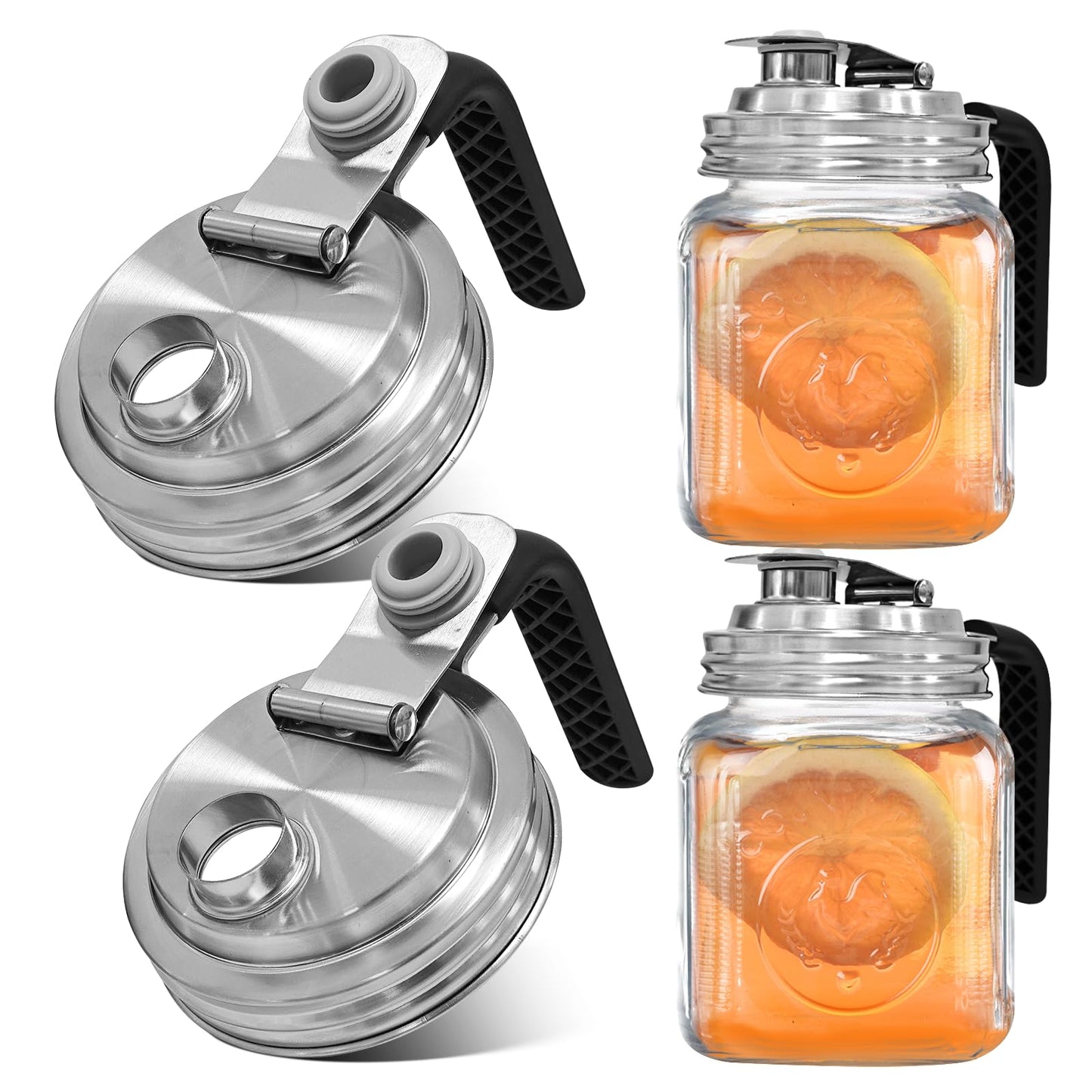 2PCS Mason Jar Pour Spout Lid Stainless Steel with Handle,Wide Mouth Pour Spout Flip Cap Lids for Mason Jars, Reusable Mason Jars Lid,Leak Proof Seal, for Drinking Salad Dressing & Food
