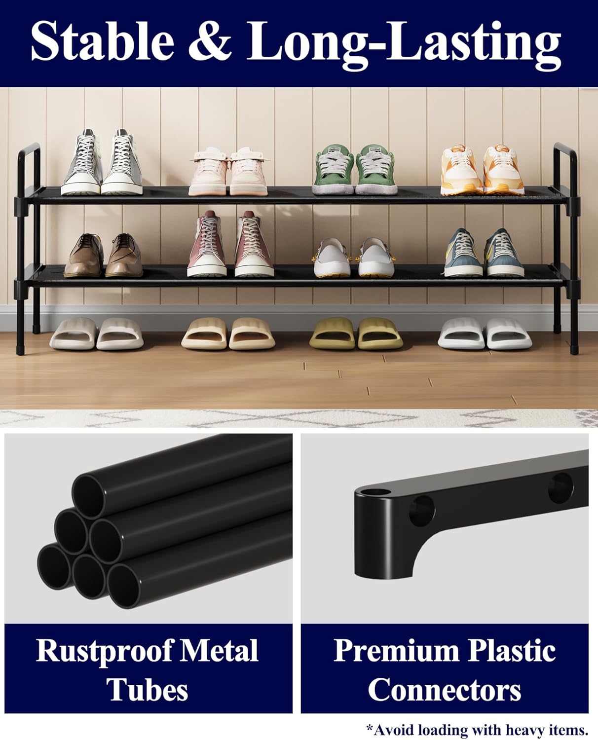 Kitsure Shoe Rack - 2-Tier Long Organizer with Handles & Non-Slip Feet | Rust-Resistant Metal, 36.1" Wide, Black