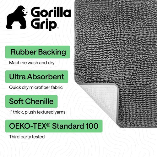 GORILLA GRIP Bath Rug Mat - Soft Absorbent Chenille | Quick-Dry Microfiber, 48x24, Grey