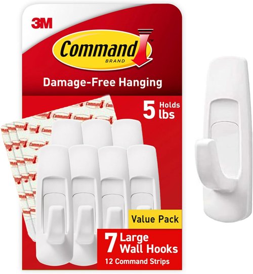Command Large Utility Hooks - Damage-Free Wall Hook with Adhesive Strips | 5 lb Capacity, 7 Hooks, 12 Strips