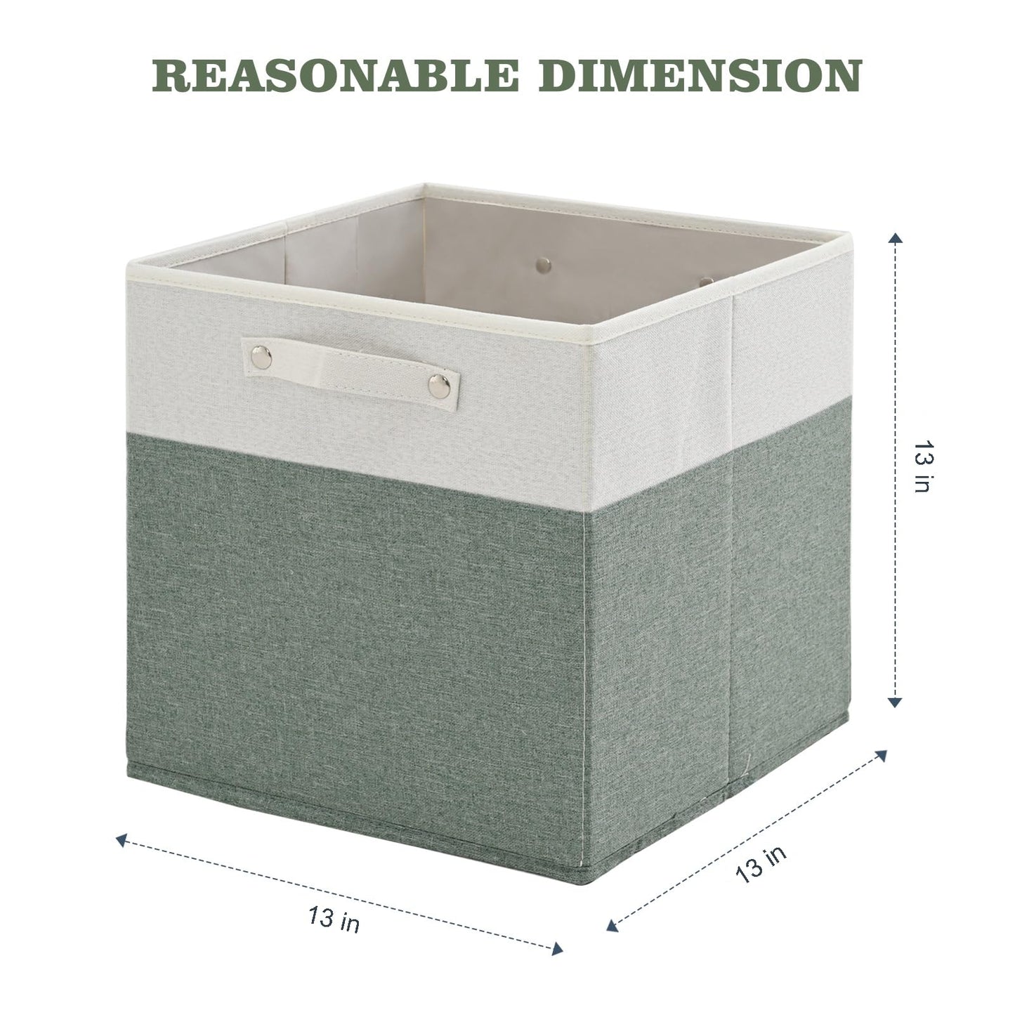 FinishingBo 13 x 13 Inch Fine Linen Storage Bins with Handles，Fabric Cube Boxs，Basket Organizers for Shelves for Home, Closet Drawers (White/Green-4 Pack )