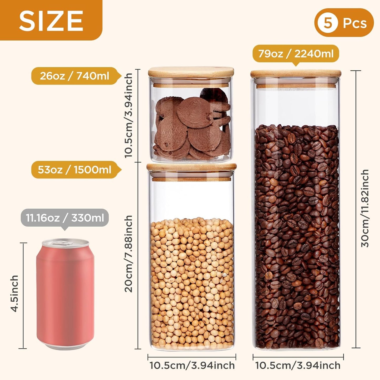 Skiennix Square Glass Food Storage Jars - BPA-Free Set of 5 for Organizing Pasta, Cookies, Nuts & More