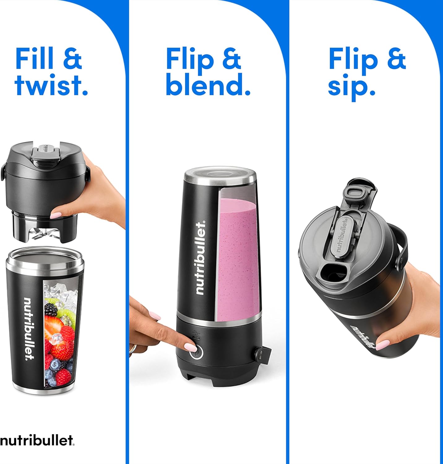 Nutribullet Flip Portable Blender - Cordless Design with Insulated Cup | Sleek Black Finish