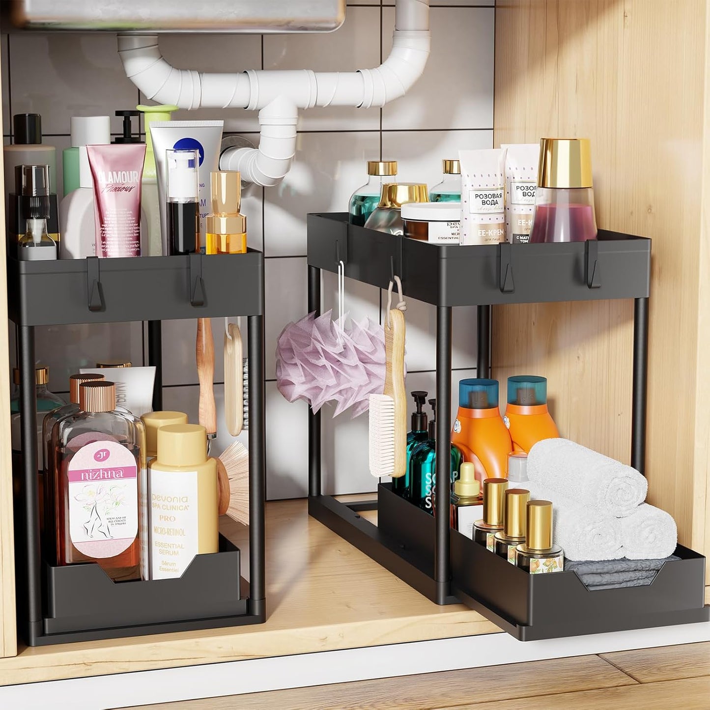 Simple Trending Under Sink Organizer - 2-Pack Pull-Out Sliding Storage Cabinet | 2-Tier Kitchen & Bathroom Organizer in Black