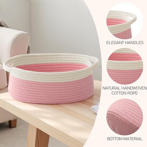 JMvicyroam Woven Basket - Small Rope Storage Bin with Handles | Organizer for Shelves & Closets - White & Pink (3 Pack)