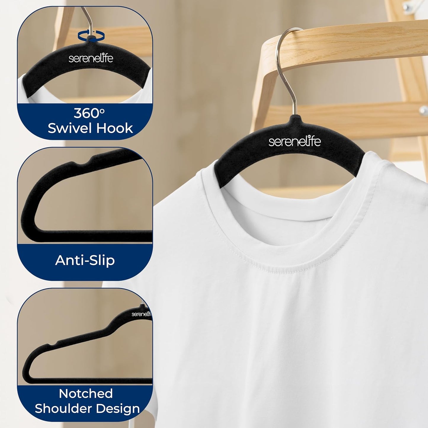 SereneLife Velvet Hangers - Non-Slip Heavy Duty Slim Coat Hangers with 360° Swivel Hook | 20 Pack (Black)