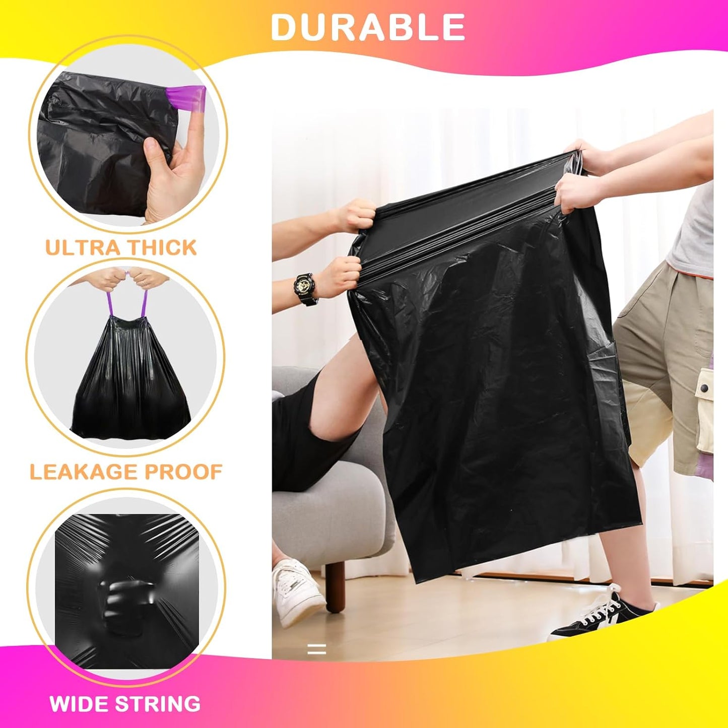 Skiennix 4 Gallon Drawstring Trash Bags - 120 Count, Durable Black Waste Disposal Solution