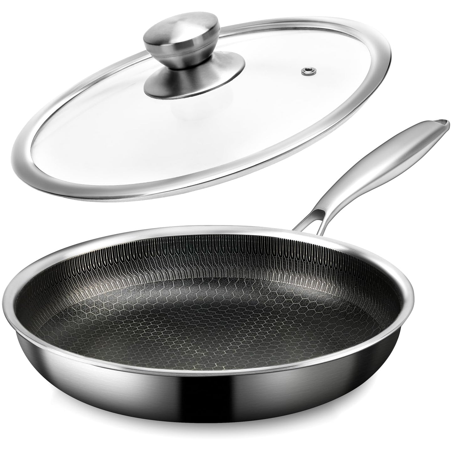 CADIVIZZO Stainless Steel Frying Pan with Lid - 9.5 Inch Nonstick Frying Pan with Lid, Honeycomb Stainless Steel Skillet Omelet Chef's Pan with Stay Cool Handle, Induction Compatible, PFOA Free