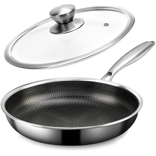 CADIVIZZO Stainless Steel Frying Pan with Lid - 9.5 Inch Nonstick Frying Pan with Lid, Honeycomb Stainless Steel Skillet Omelet Chef's Pan with Stay Cool Handle, Induction Compatible, PFOA Free