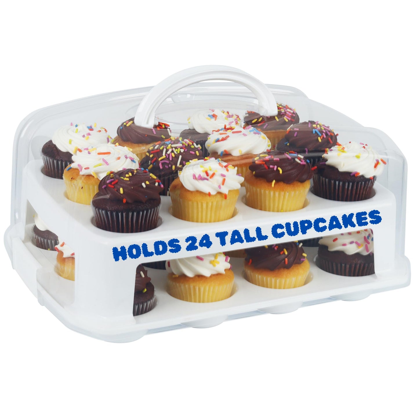 Extra Tall Cupcake Carrier 24 Count, 24 Cupcake Holder with Lid -Spacious 3.5” Tall Tiers Accommodate 24 Tall Frosted Cupcakes, Won't Smush! Cupcakes Containers Muffin Storage Container/Muffin Holder