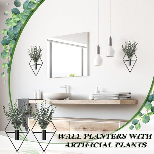 Jexine Hanging Planters - 4 Pcs Metal Eucalyptus Vases for Modern Indoor Decor | Black Geometric Design