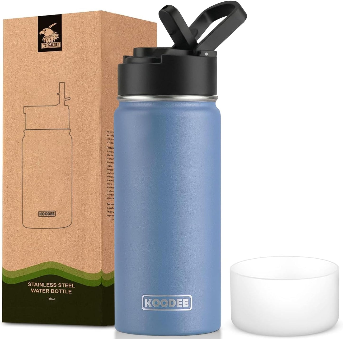 Koodee Kids Stainless Steel Water Bottle - 16 oz Double Wall Insulated Flask with Straw | BPA Free, Royal Blue