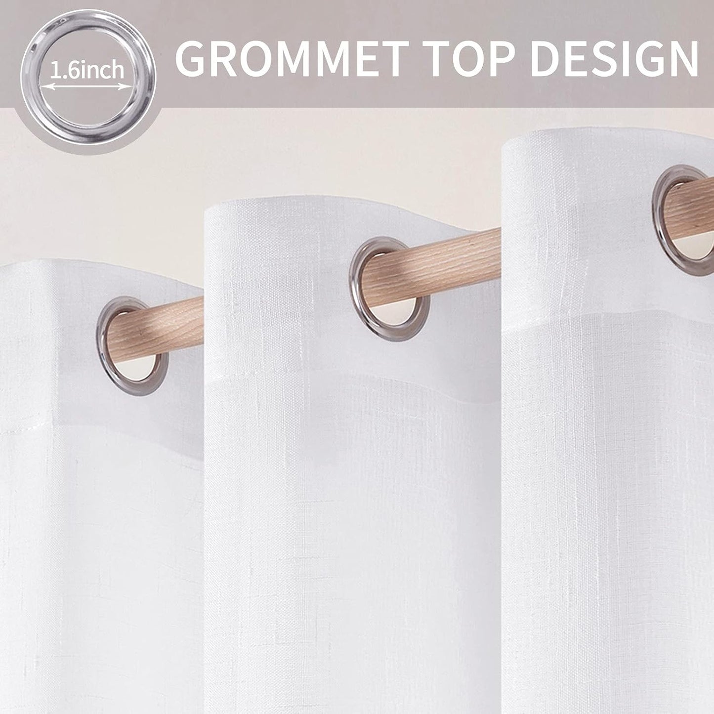 MIULEE Natural Linen Sheer Window Curtains - Elegant Solid White Grommet Drapes for Bedroom & Living Room | 52x90 Inch