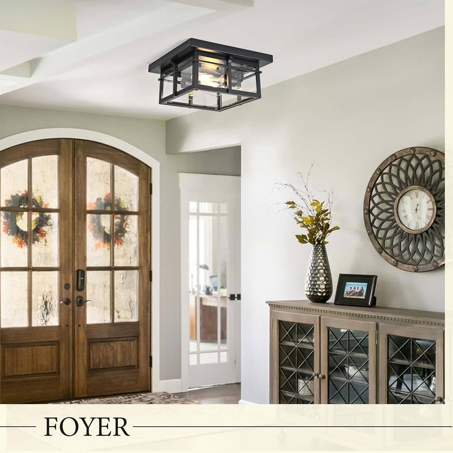 Farmhouse Ceiling Light Fixture Black 2-Light with Clear Glass, Square Flush Mount Ceiling Light for Hallway Kitchen Bedroom Porch