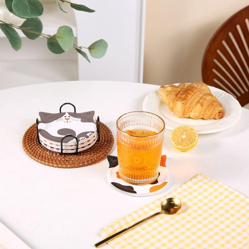 Auxmeware Coasters Set of 4, Cute Marble Cup Coaster with Holder for Drinks, Absorbent Coasters, Modern Table Coaster, Cat