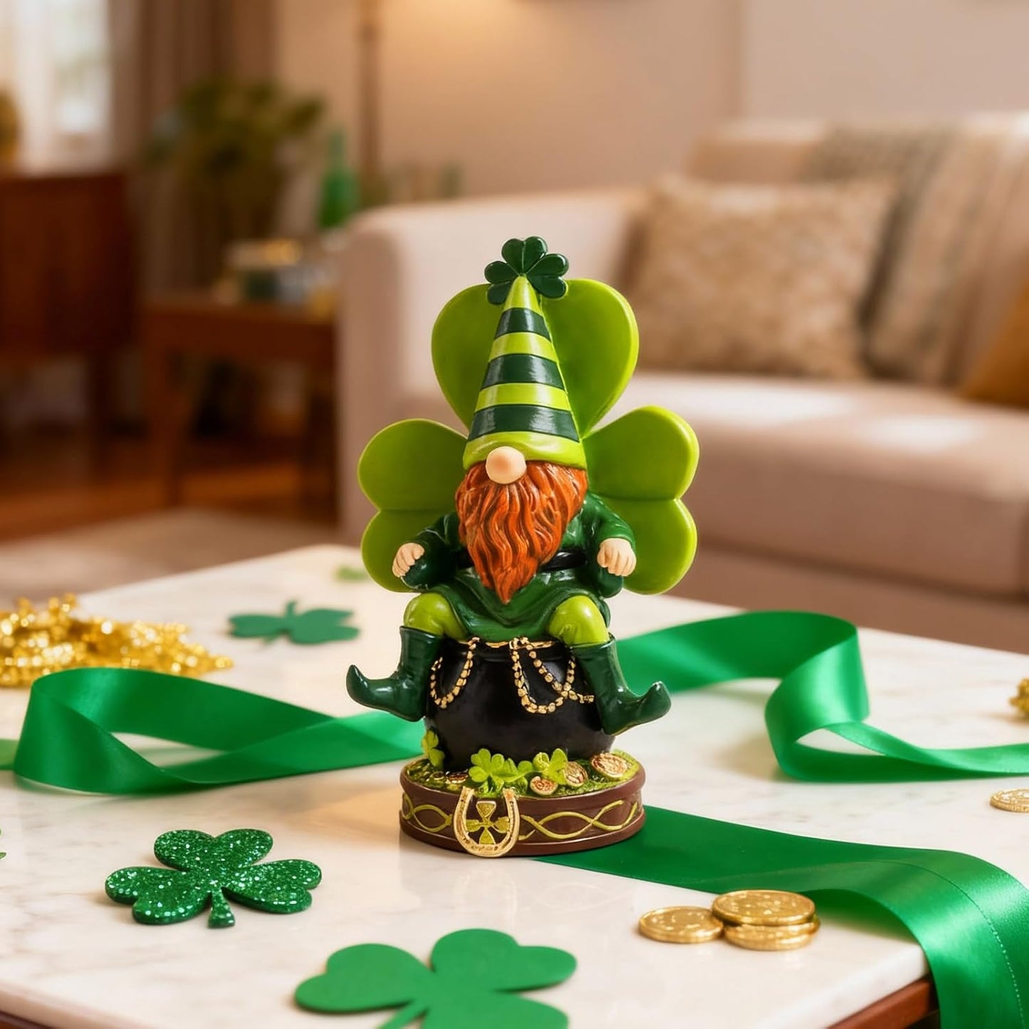 Skiennix St. Patrick's Day Gnome Decorations - Resin Leprechaun Pot of Gold Figurines | Green Indoor Centerpieces