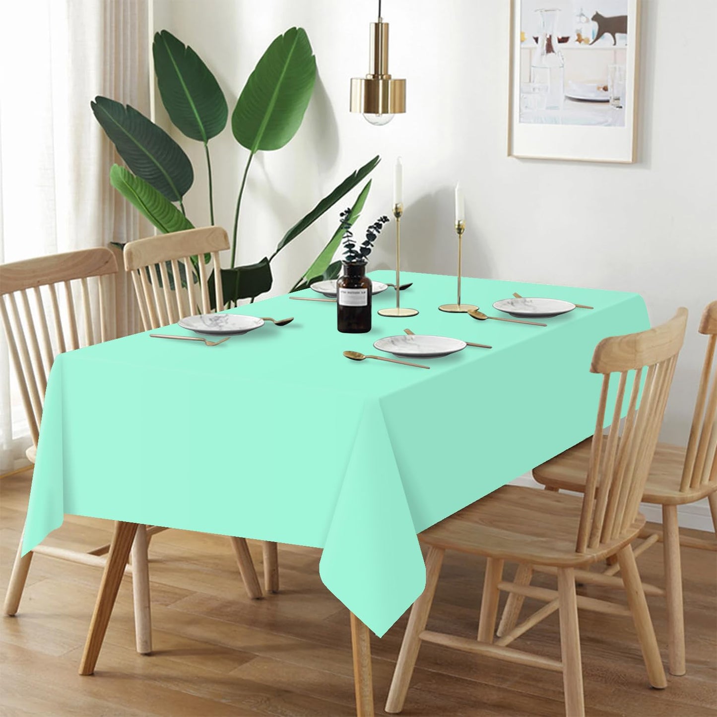 QIKSION Fresh Mint Plastic Table Cloth Disposable 12 Pack, 54 x 108 Inch Tablecloths for Party, Birthday, Rectangle Table Cover