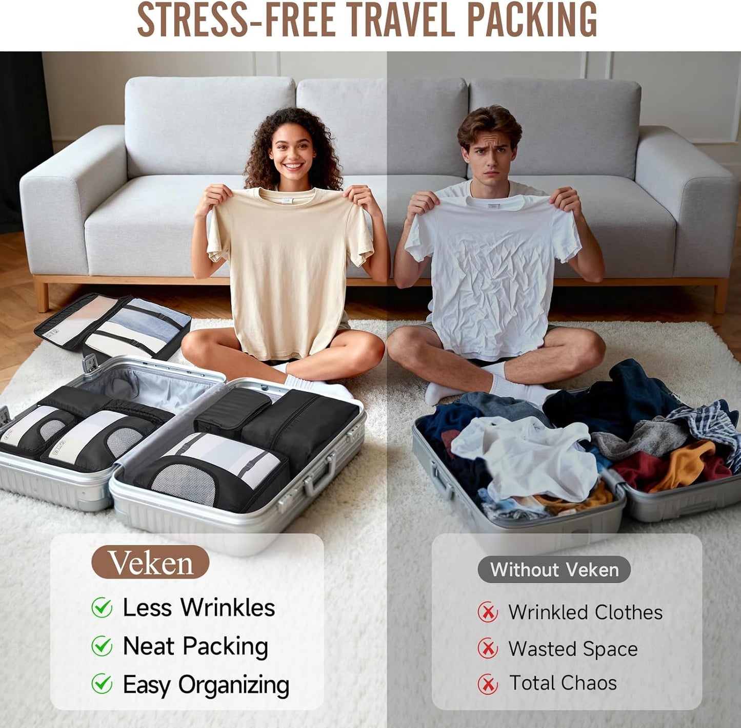 Veken Packing Cubes Set - Travel Organizer Bags with Laundry & Toiletry Bag | 10-Piece Set in 4 Sizes
