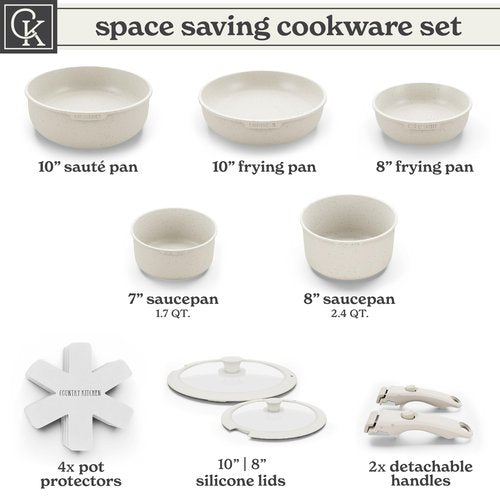 Country Kitchen Cookware Set with Removable Handle, Oven & RV Safe Pots and Pans Set, Cream, Original