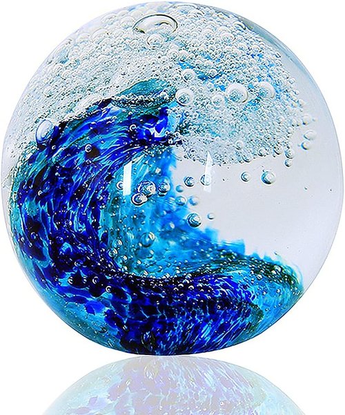 EUSTUMA Hand Blown Glass Figurine - Ocean Waves Paperweight | Unique Home & Office Decor