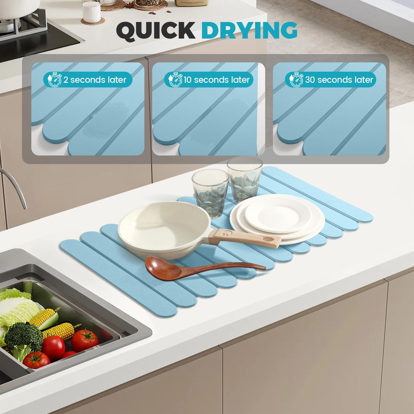 Extral Large Quick Dry Stone Drying Mat for Kitchen Counter,24"(L)x16"(W) Collapsible Eco-Friendly Absorbent Diatomaceous Earth Mat for Dishes Cups,Dish Drying Mats for Any Countertop ﻿