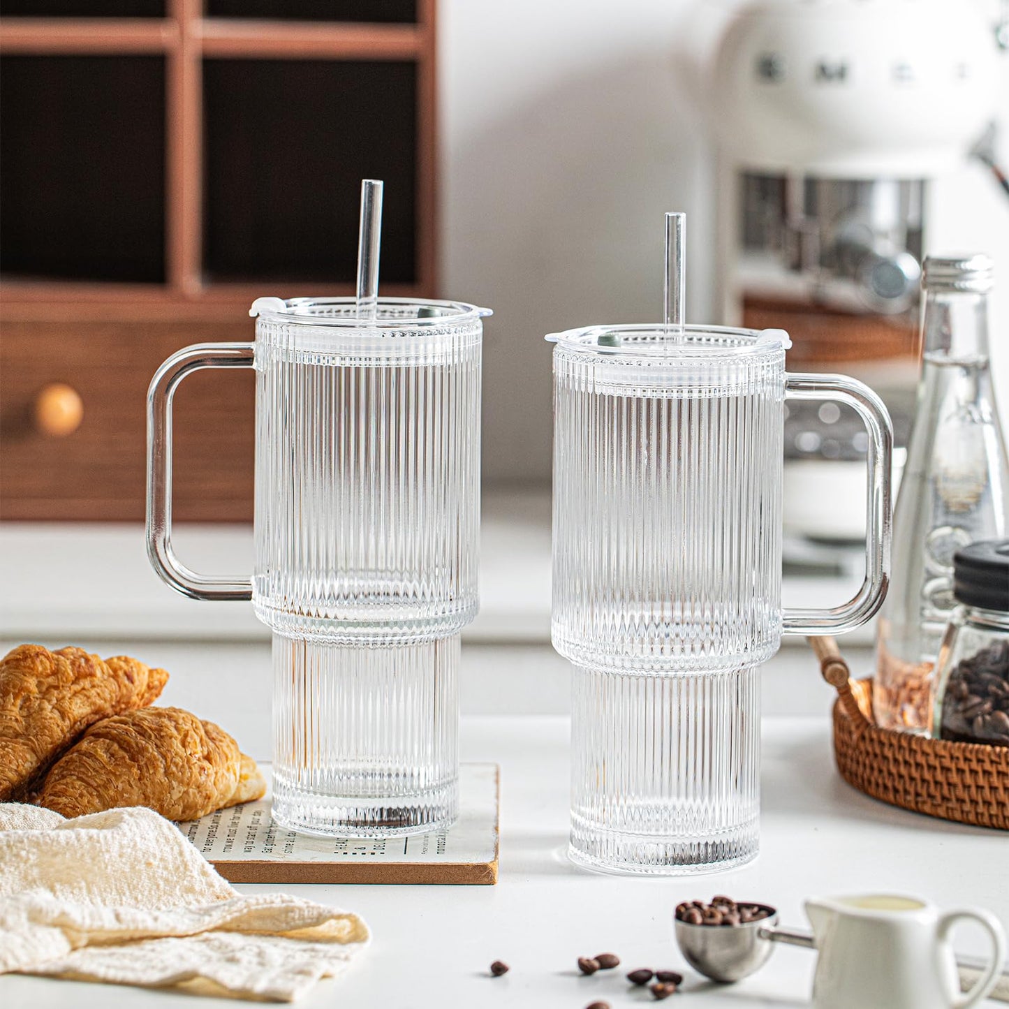 INSETLAN 24oz Ribbed Glass Tumbler with Handle & Lid – 2-Pack Large Iced Coffee Cups with Straws, Modern Glass Mug for Cold & Hot Beverages, Aesthetic Travel Cup for Smoothies, Tea, and Juice