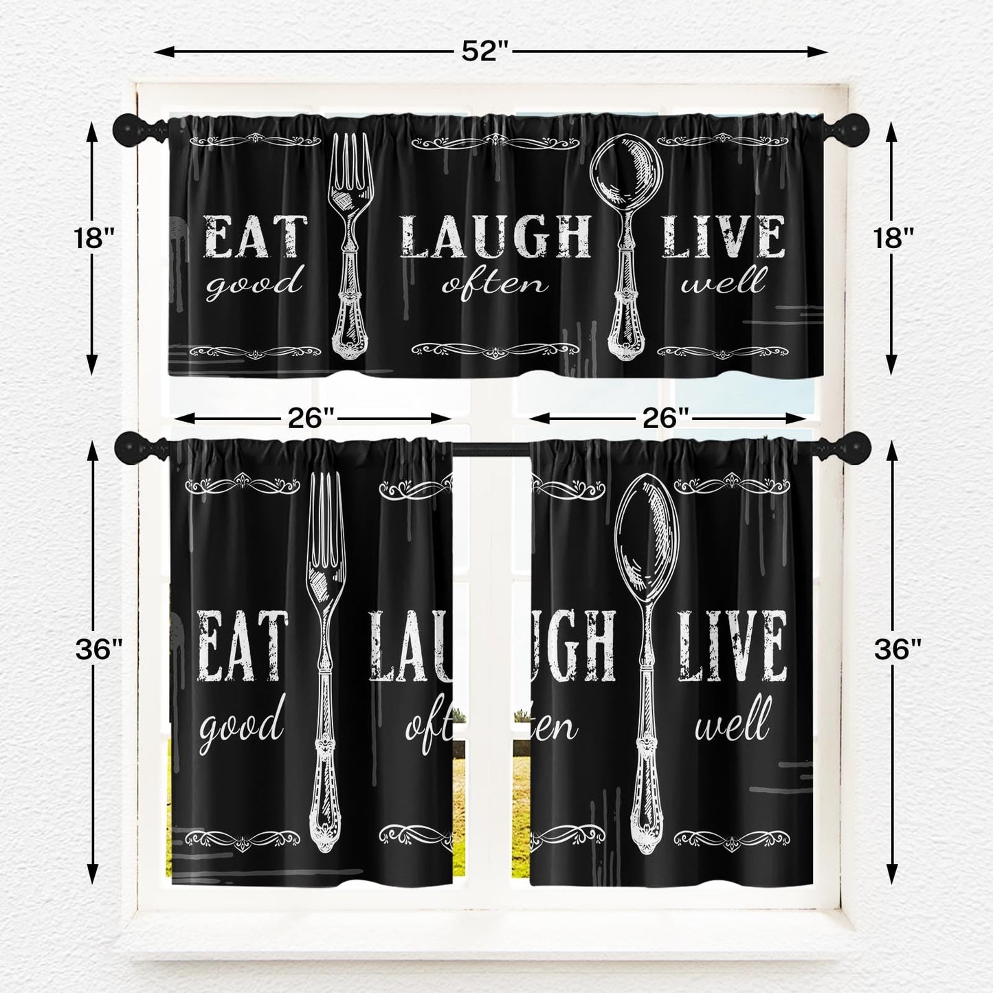 Tayney Black White Kitchen Window Curtains Valance and Tier Set 36 Inch Farmhouse Eat Good Laugh Often Live Well Rod Pocket Short Tier Curtain, Abstract Small Drapes for Kitchen Decor