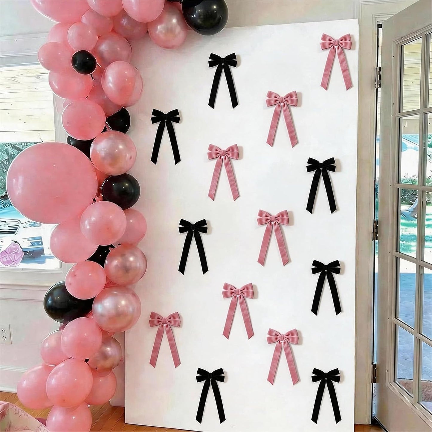 Skiennix Velvet Bows - 12 Pcs Pink & Black Pre-Tied Ribbon Bows for Y2K Coquette Decor | Ideal for Bachelorette & Sweet 16 Parties