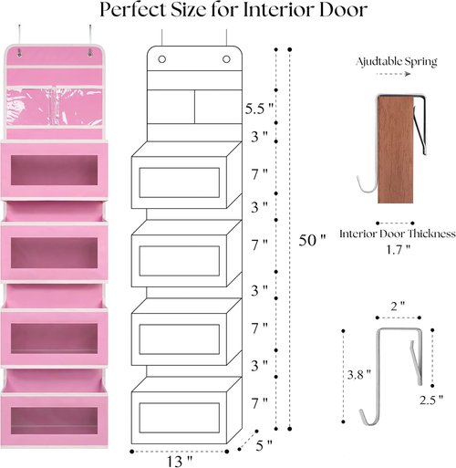 Giraffe Creation Over Door Organizer - 4 Large Capacity Pockets for Closet, Bathroom & Nursery | Pink