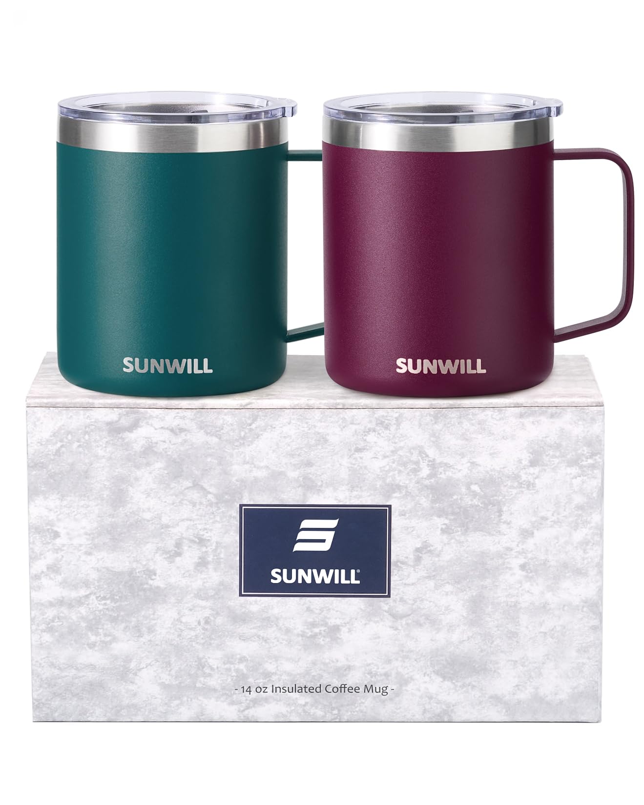 SUNWILL Travel Coffee Mug Set of 2, Insulated Tumbler with Lid, 14 oz Stainless Steel Cup with Handle for Camping, Office, Home, Powder Coated Forest Green & Plum