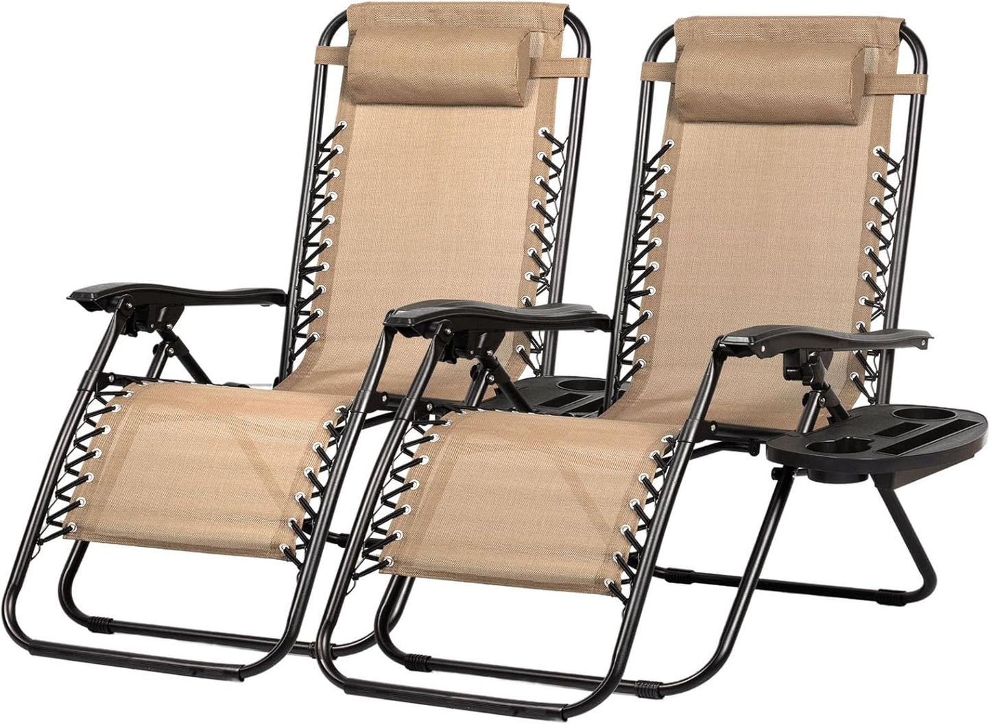 Nazhura Adjustable Zero Gravity Lounge Chairs - Set of 2 Relaxing Patio Recliners with Pillow & Cup Holder | Khaki