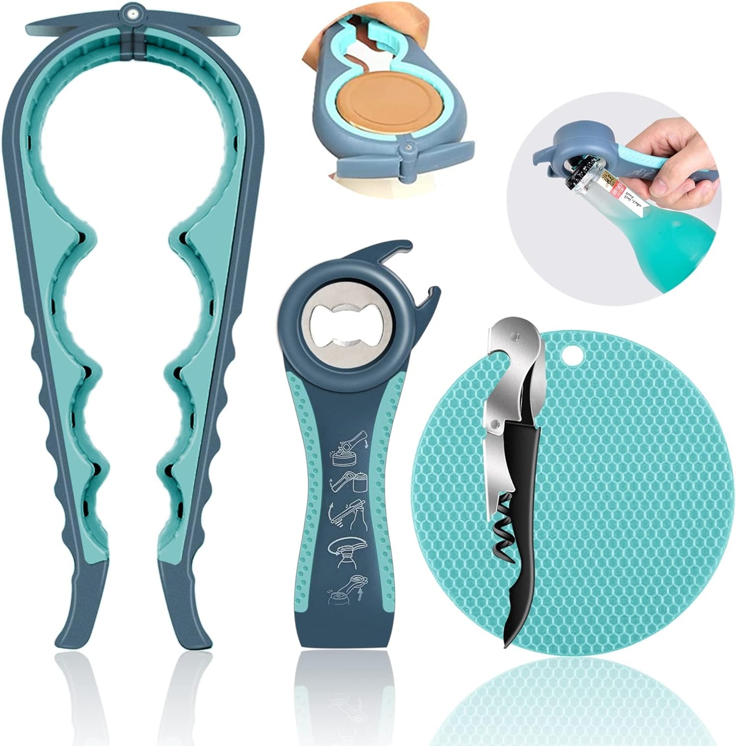 Skiennix Jar Opener - 5-in-1 Multi-Function Tool for Weak Hands | Non-Slip Grip & Corkscrew - Blue