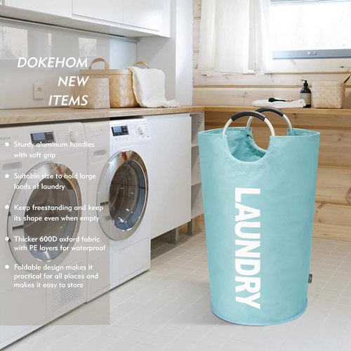 DOKEHOM Large 82L Laundry Basket - Collapsible & Freestanding Clothes Hamper in Light Blue