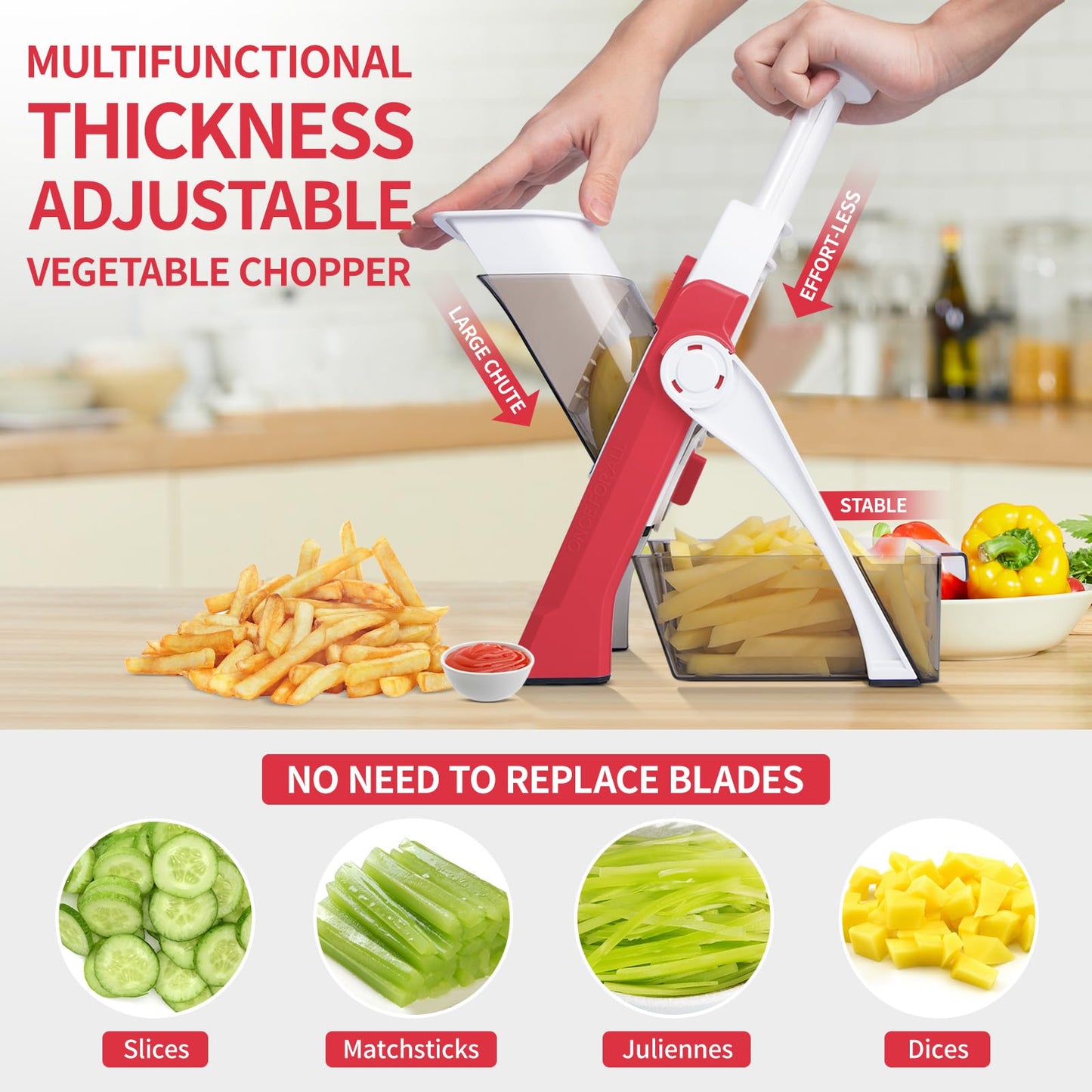 QieCai Vegetable Chopper, Safe Mandoline Slicer for Kitchen, Adjustable Thickness Potato Slicer, Manual Food Chopper, Veggie Dicer Kitchen Gadgets Sets (Red)