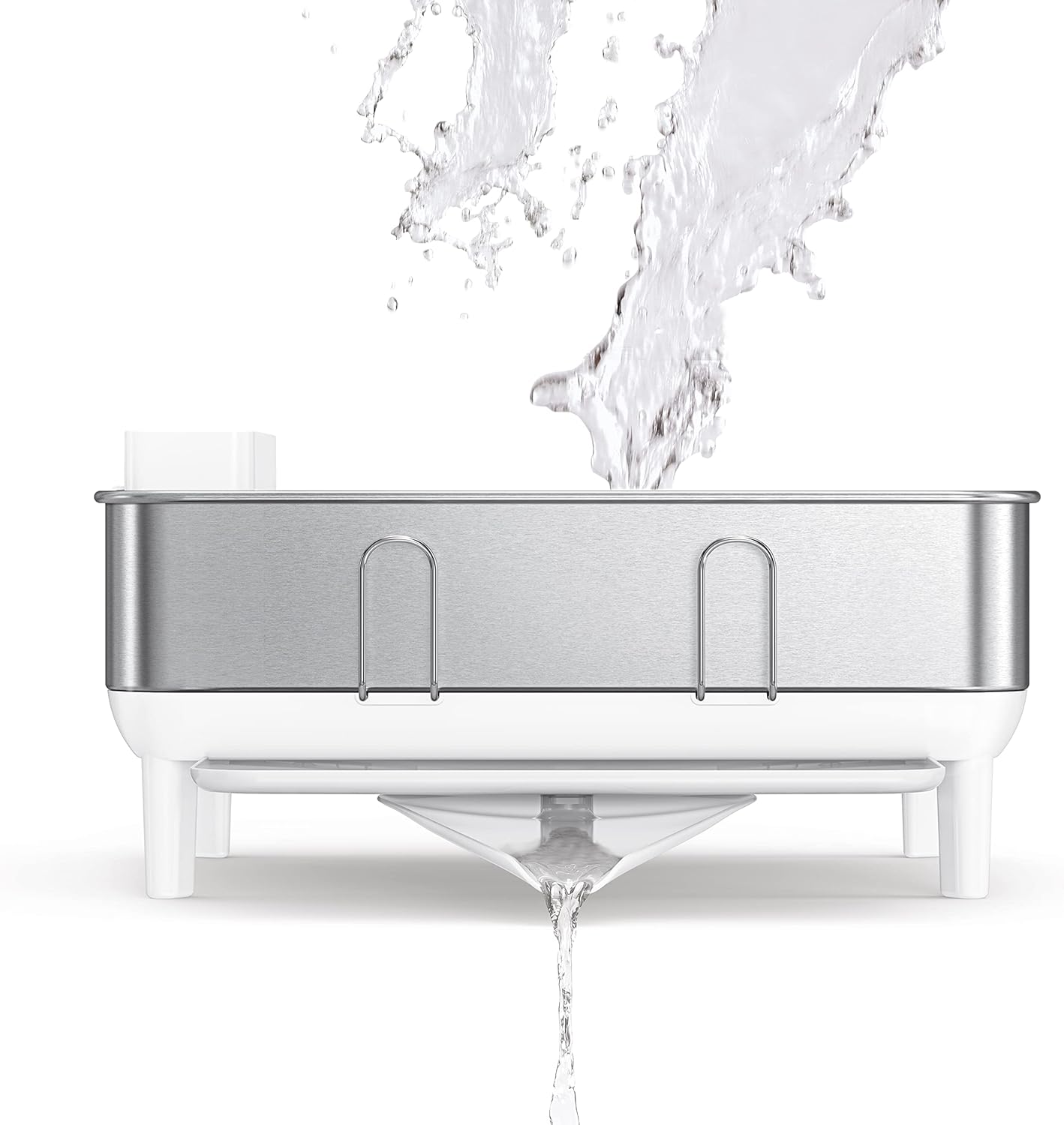 simplehuman Compact Dish Drying Rack - Swivel Spout, Fingerprint-Proof Stainless Steel, White Plastic