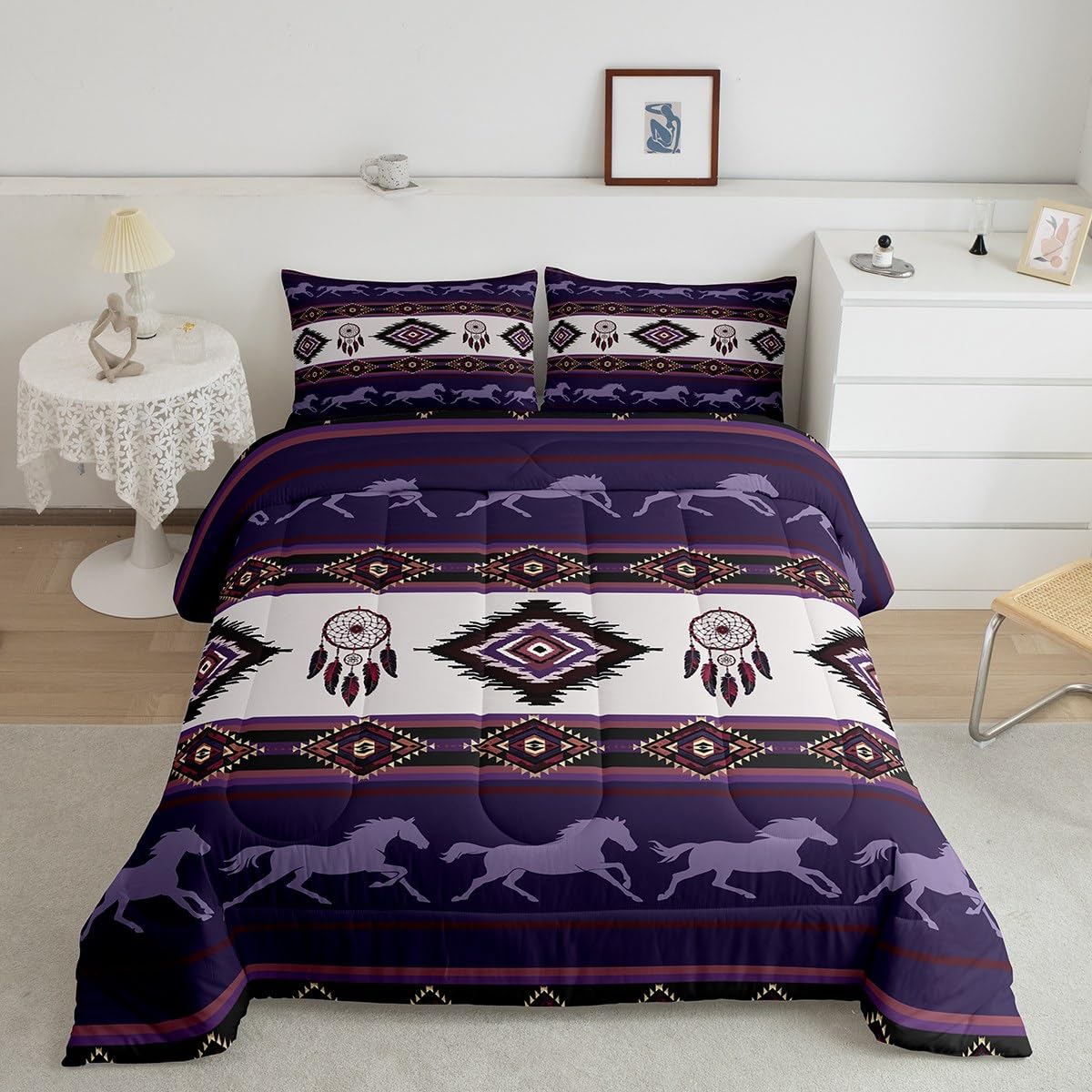 Castle Fairy Boho Aztec Kids Comforter Set Twin Size,Southwest Native Tribal Exotic Reversible Bedding Sets for Teens Bedroom Decor,American Ethnic Purple Horse Quilted Duvet,1 Pillowcase