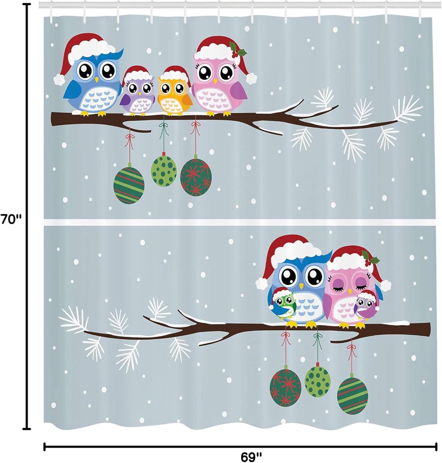 Christmas Owl Family Shower Curtain - Winter Bathroom Decor, 69" x 70", Fabric Set with Hooks