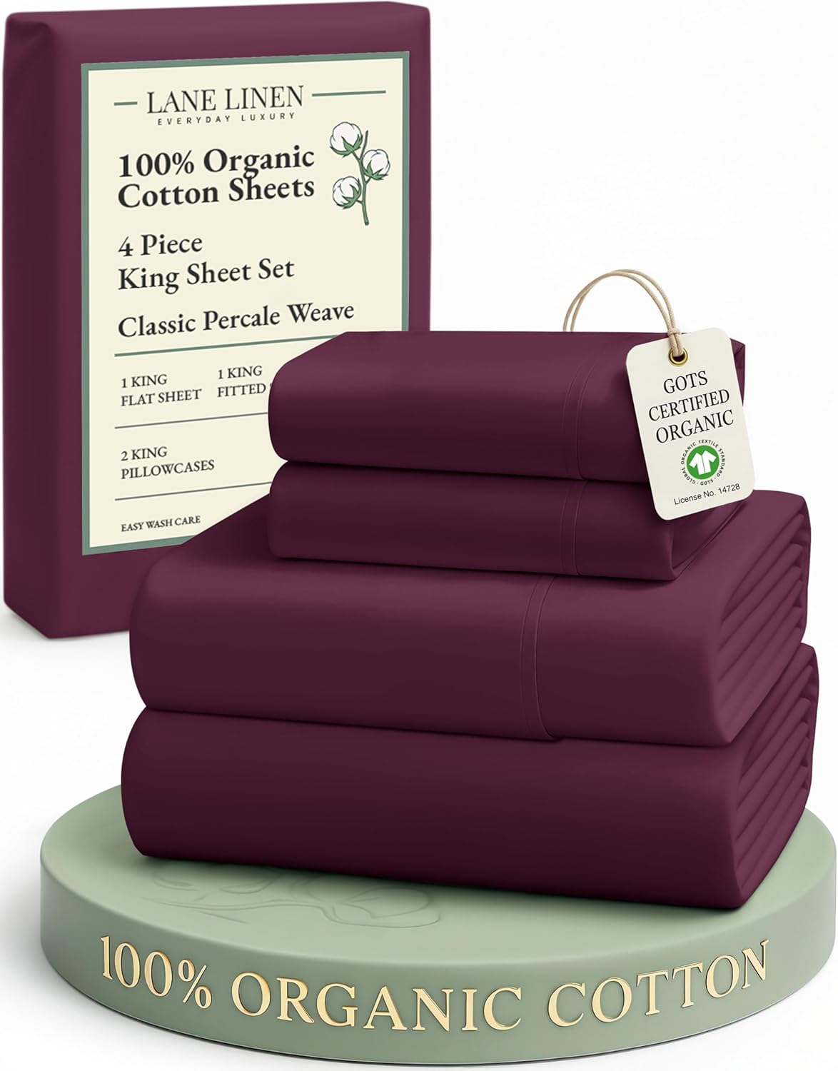 LANE LINEN 100% Organic Cotton King Size Sheets - Soft, Machine Washable, Eco-Friendly Percale in Windsor Wine