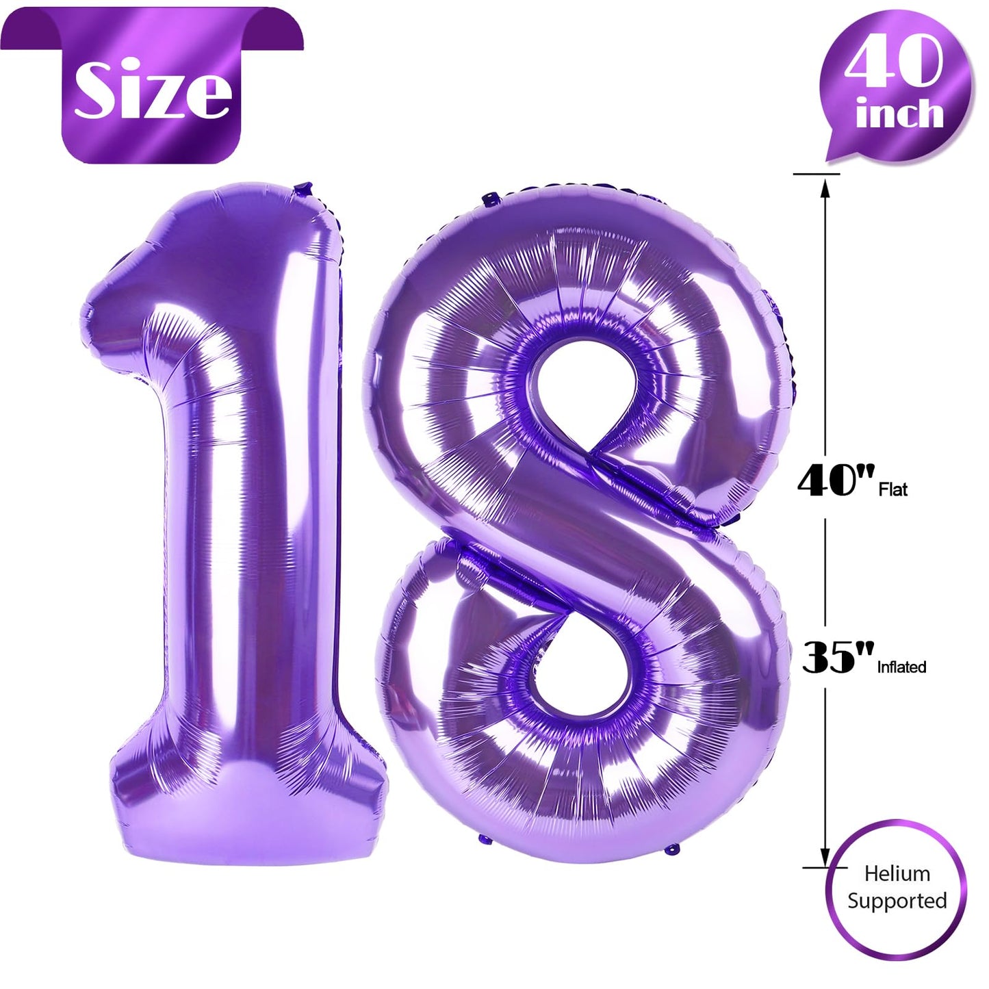 Purple Number 18 Balloon 40 Inch, 18th Birthday Party Decorations for Children, Giant 18 Foil Balloon for Party Supplies