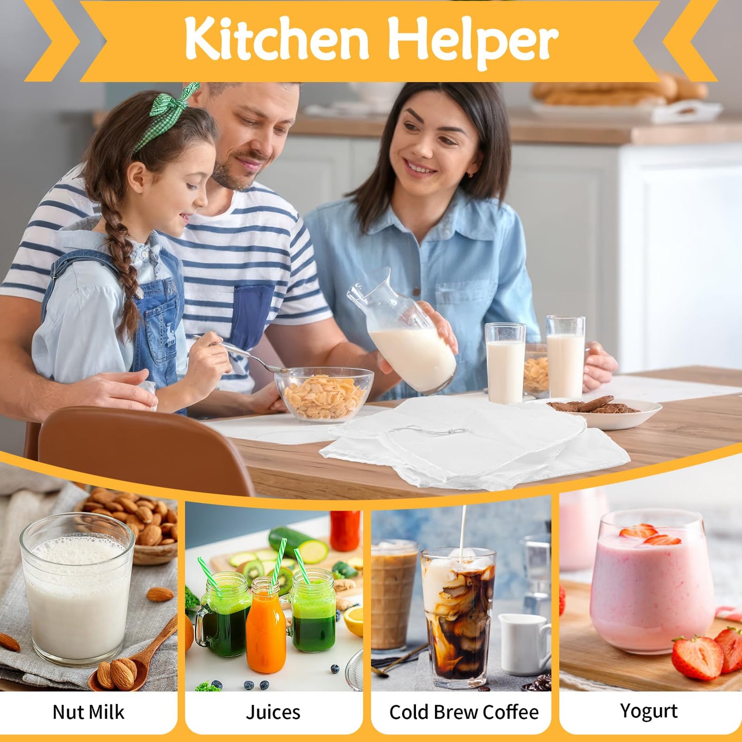 XL 4 Pcs Food Grade Nut Milk Bag Reusable, Grade 100, 12" x 12" Nut Bag Strainer, Fine Mesh Nylon Cheese Cloth Bags for Straining Oat Almond Milk, Greek Yogurt, Juice, Cold Brew Coffee, Beer Tea