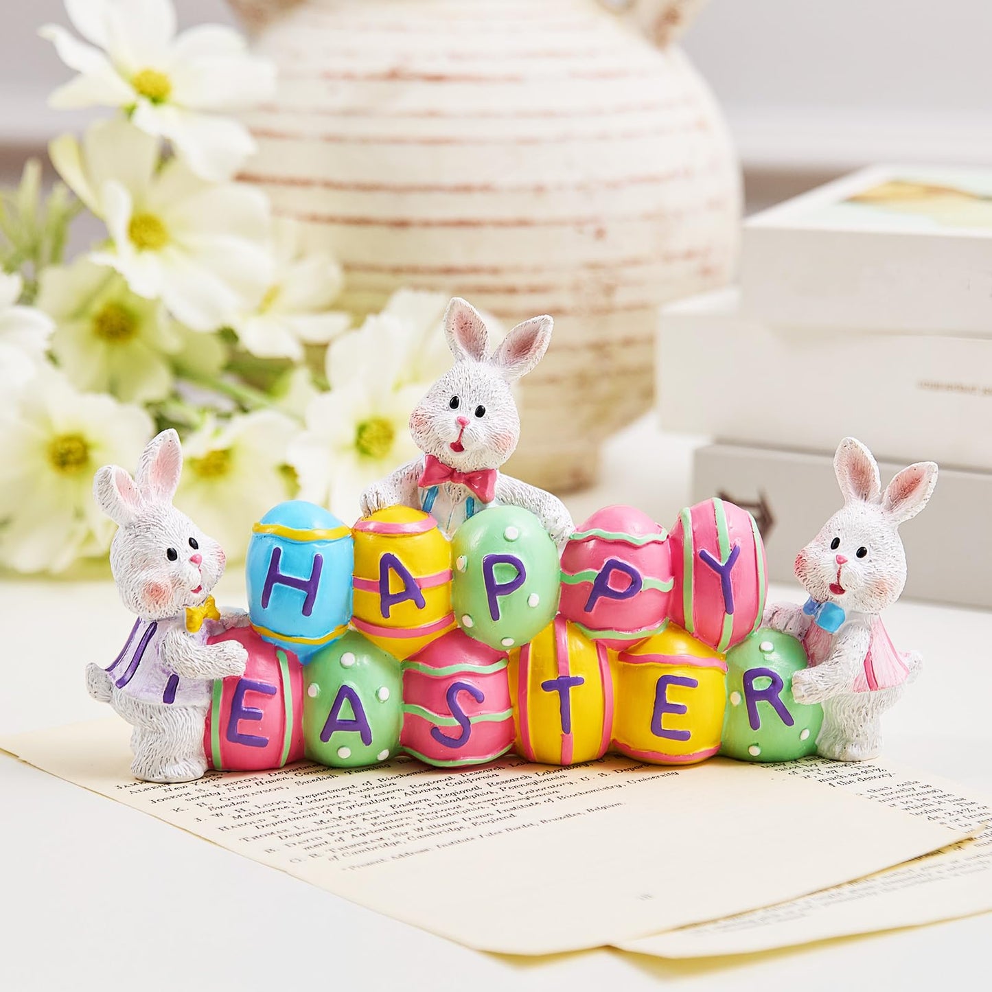 yumhum 3 Bunny Holding Eggs and Happy Easter Decorations, Resin Easter Bunny Rabbits Figurine Tabletop Centerpiece for Spring Decor Easter Home Office Party Decor