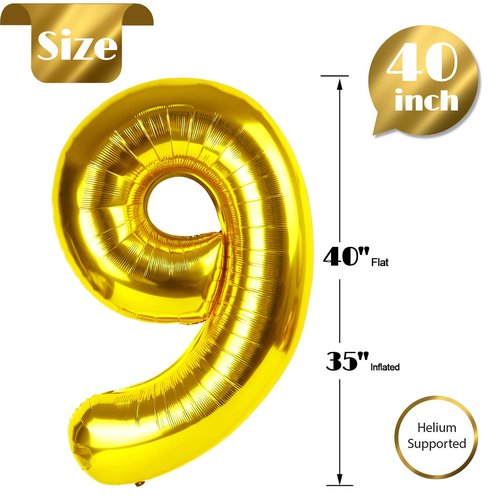 Gold Number 9 Balloon 40 Inch, 9th Birthday Party Decorations for Children, Giant 9 Foil Balloon for Party Supplies