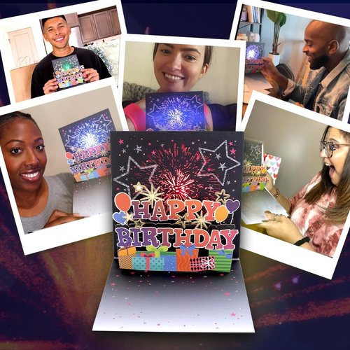 100 GREETINGS Fireworks Pop Up Happy Birthday Card - Singing Celebration Card with Light Show & Music, Unique Musical BDay Message for Women, Men, Mom, Grandma & Grandpa (1 LED)