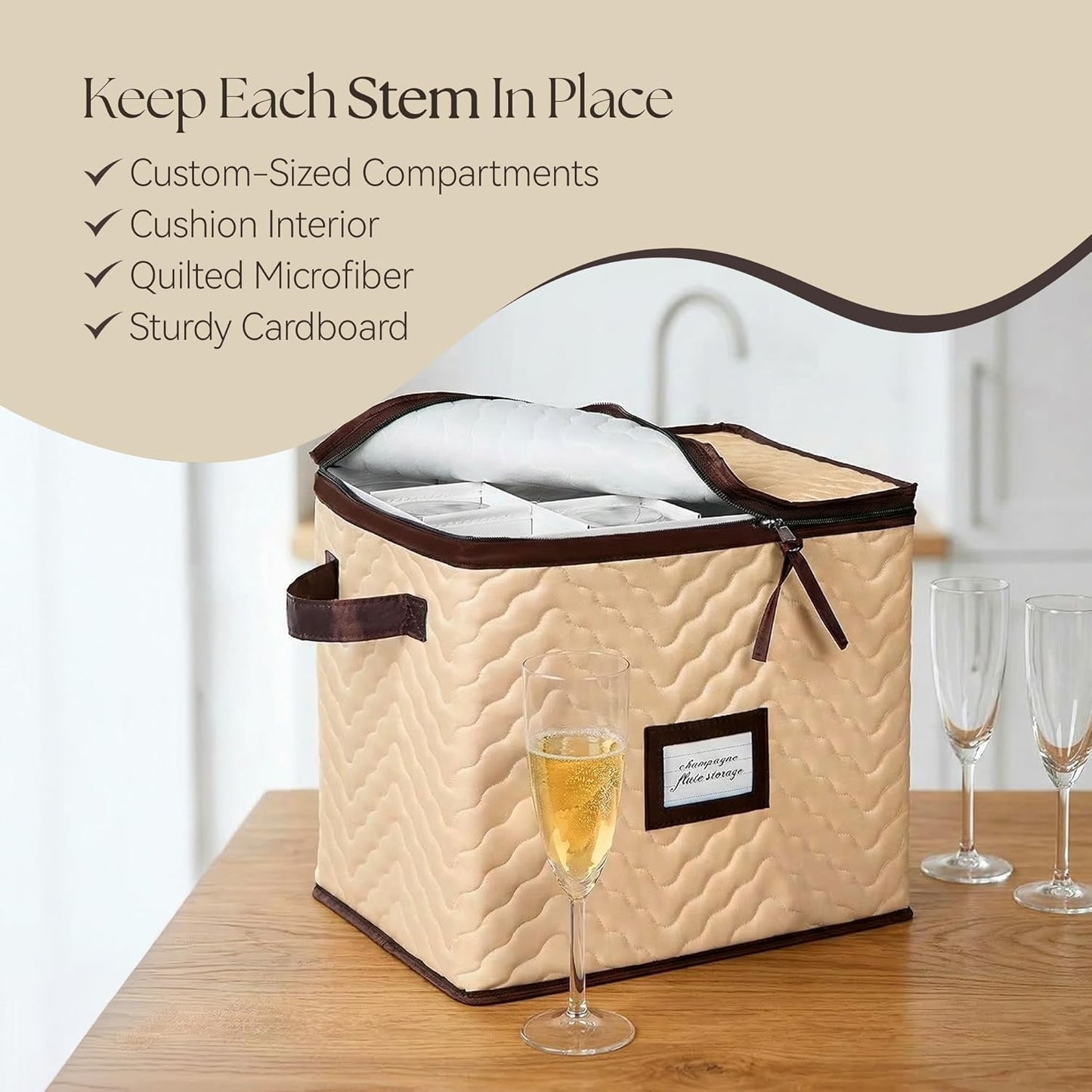 Regine Switzerland Wine Glass Storage Box - Durable Quilted Microfiber Case with Dividers | Protects Stemware (1 Pack, Champagne Flute)