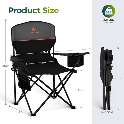 ALPHA CAMP Folding Camping Chairs - Portable Lawn Chairs with Cup Holders & Cooler Pouch | Supports 225 LBS, 2 Pack