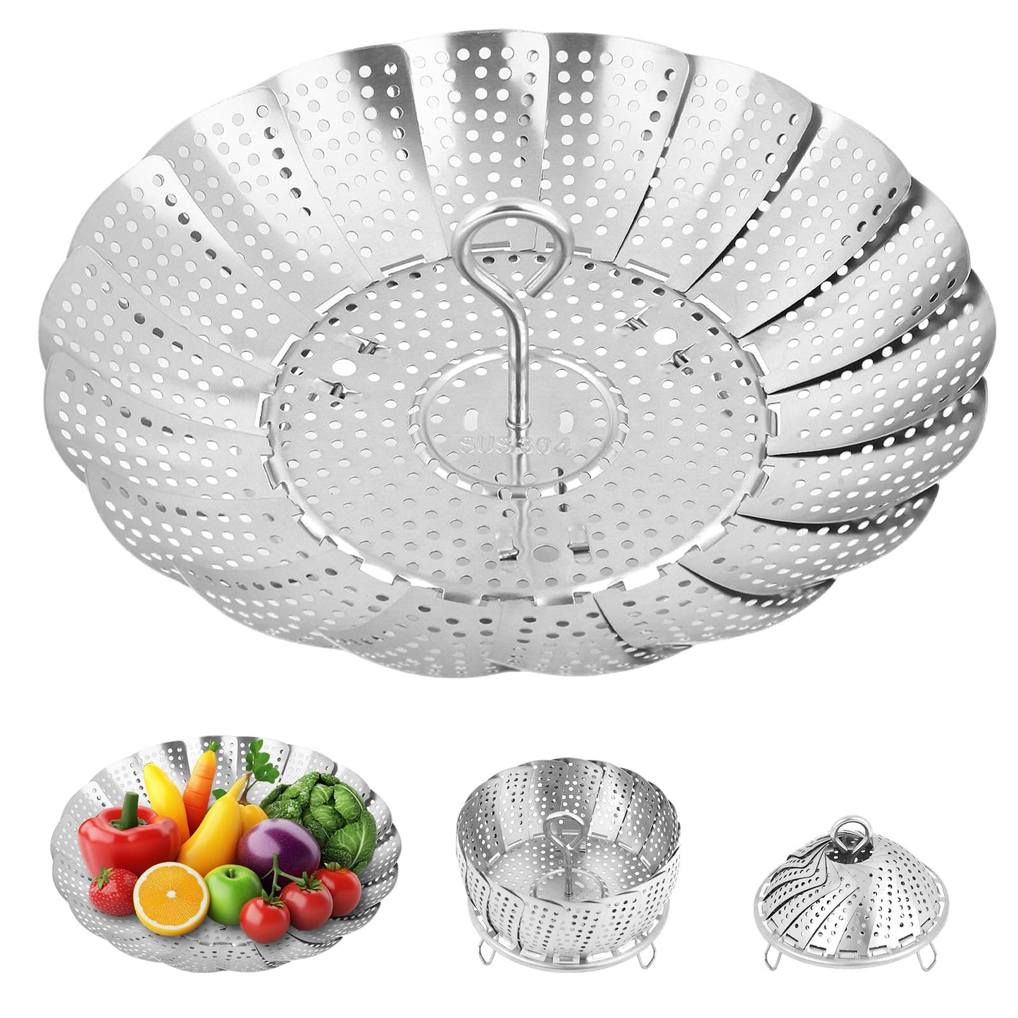 Steamer Basket for Cooking – Premium 304 Stainless Steel Steamer Basket, 3rd Gen Folding Expandable Steamers, Suitable for Cookware Pot, Fit for Fish Vegetables Pasta Eggs (Small (5.5“ to 9.05”))