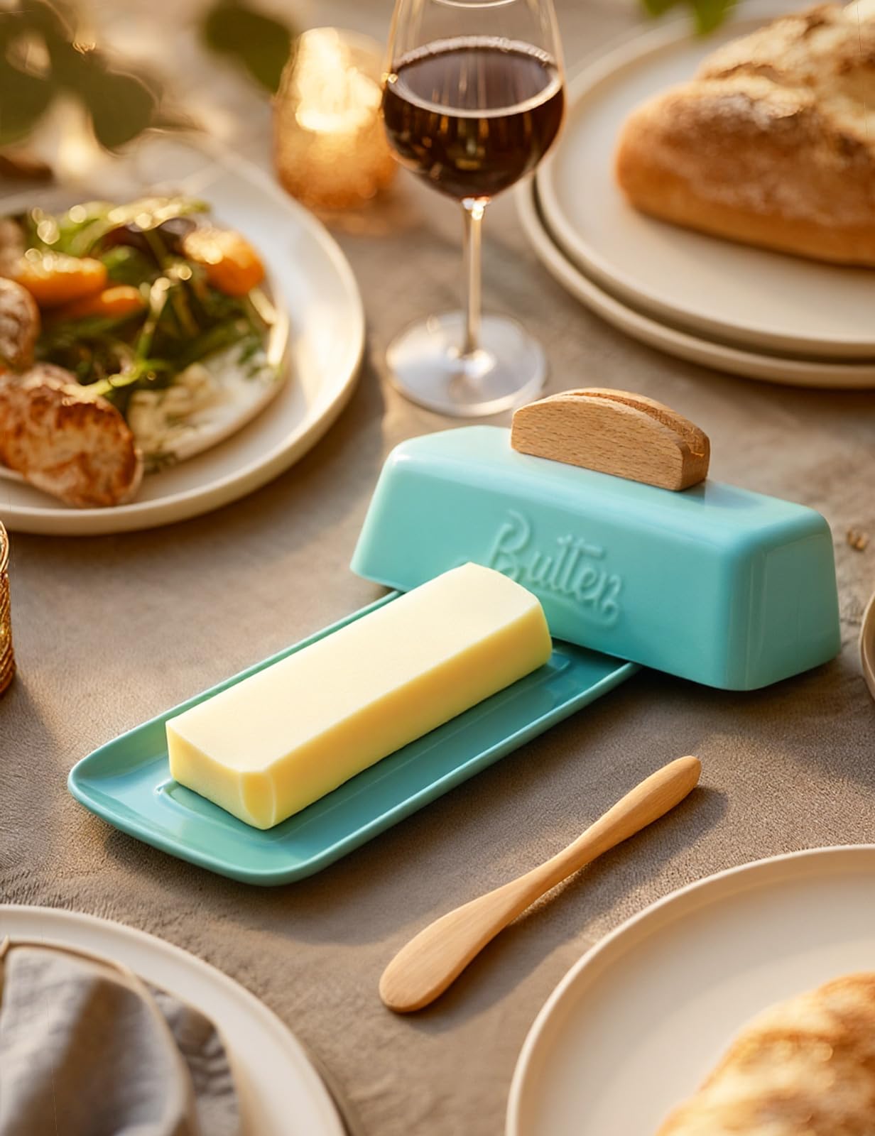 Butter Dish with Lid and Knife Ceramic Butter Holder for Counter Humanized Clamp-able Knife Handle Design, Perfect for East West Coast Butter, Skyblue