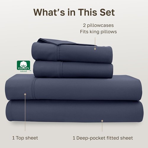 California Design Den King Size Bed Sheets Set - 100% Cotton, 400 TC, Smooth Sateen Finish, Deep Pockets - Indigo Dusty Blue